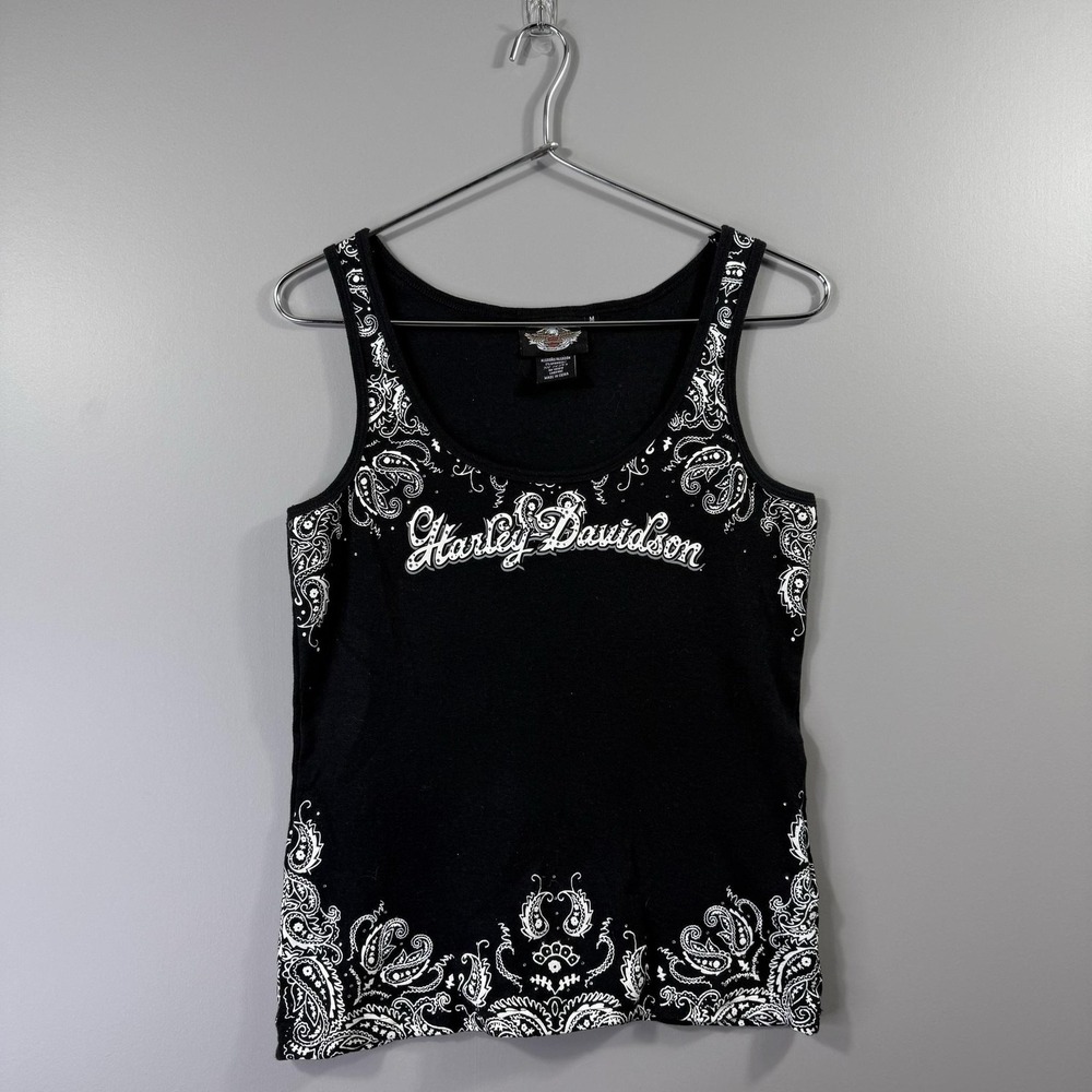 Y2K Harley-Davidson Tank Top Womens Medium Black Paisley Graphic Scoop Neck